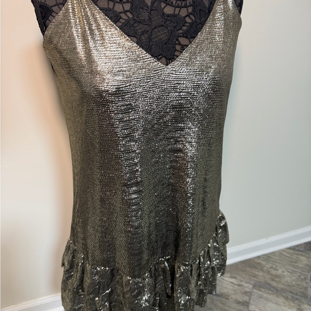 Forever 21 Shiny Slip Dress w/ Ruffles - Black and Gold